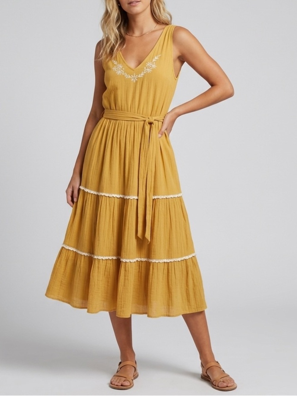 NEW Joie Mustard Sleeveless Tiered Midi Dress with Waist Sash SIZE 8 Boho